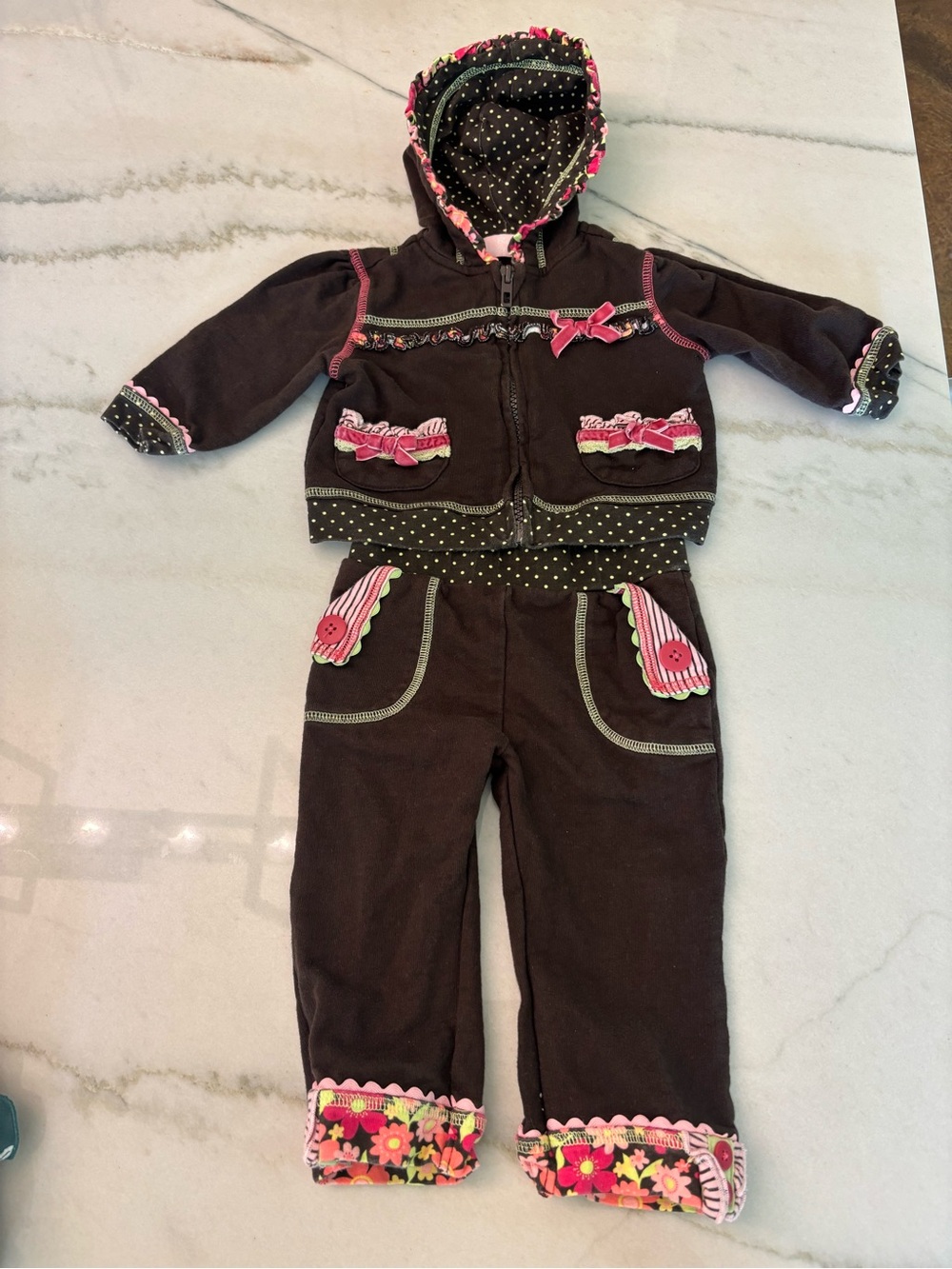 Y2K Girls Brown Matching Zip Up Cotton Set 12m VTG